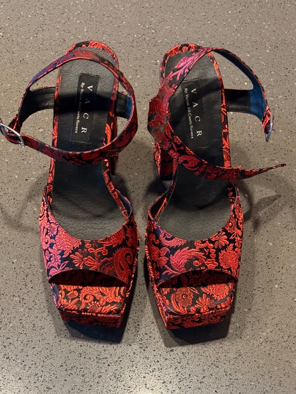 New Red Floral Brocade Platform Heels with Ankle Strap